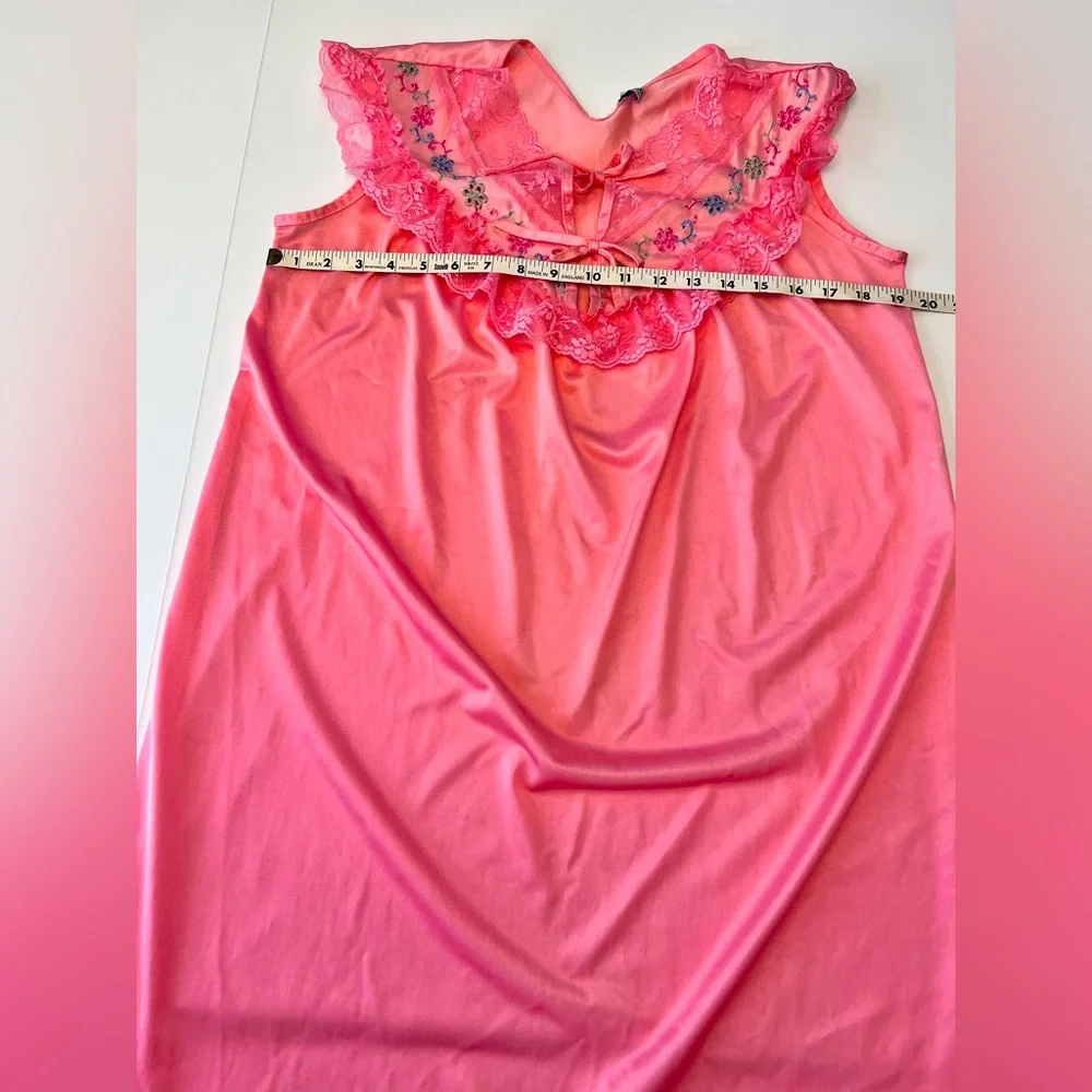 Beautiful Vintage Vivid Coral Nylon and Lace Nightgown by Bernette.  Size = M